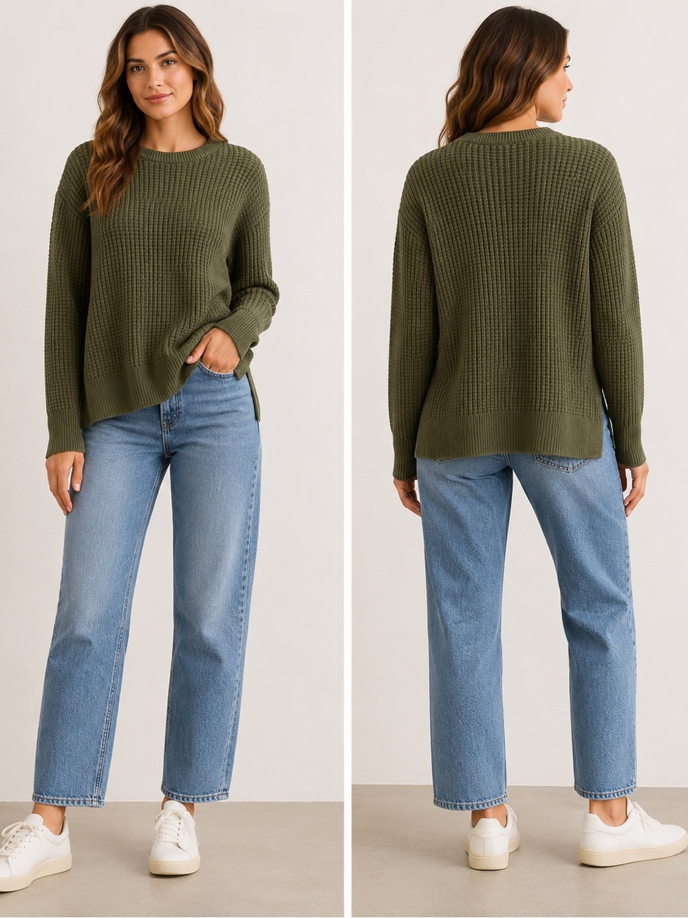 48. Sanctuary Olive Green Waffle-Knit Crewneck Sweater-Wool and Cashmere Blend